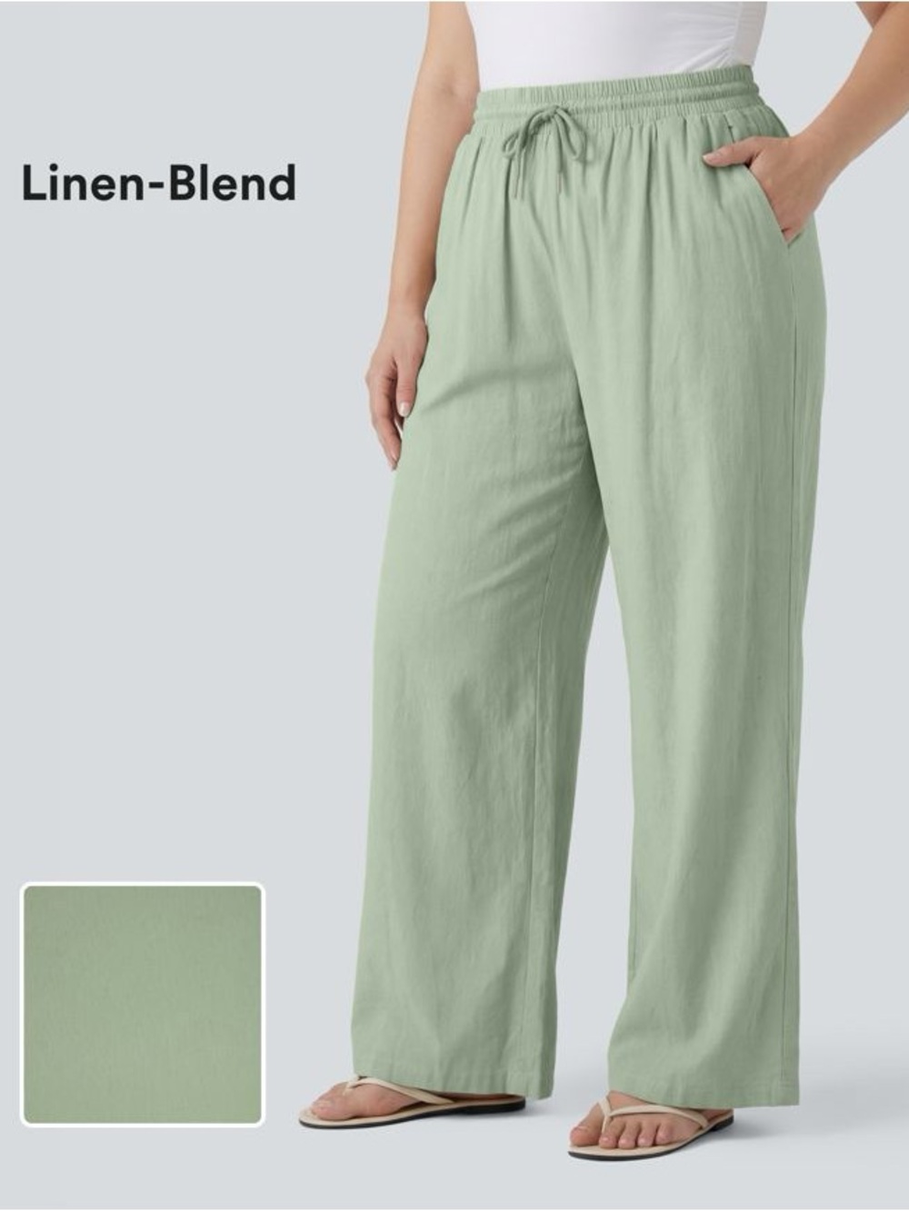 Halara High Waisted Drawstring Wide Leg Large Casual Linen-Blend Pants Green